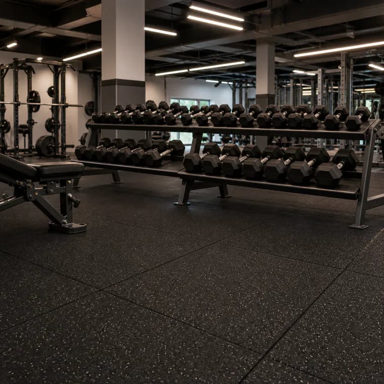 Free weight area with thick impact rubber tiles