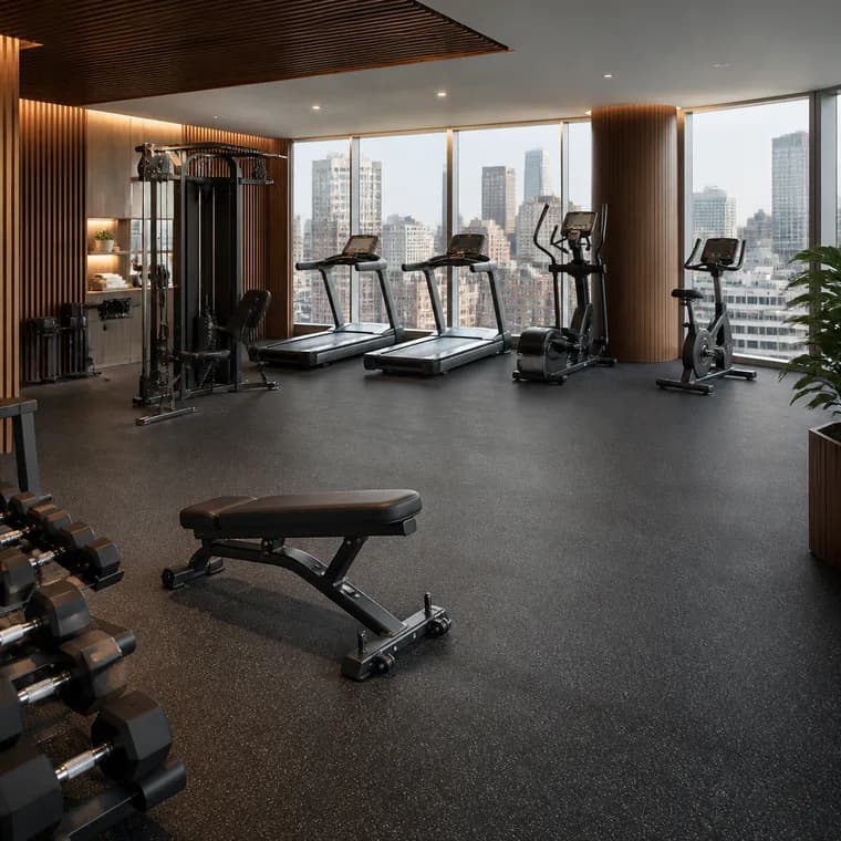 Refined hotel fitness room with dark rubber flooring