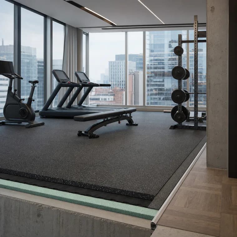 Upper floor gym with an acoustic flooring system