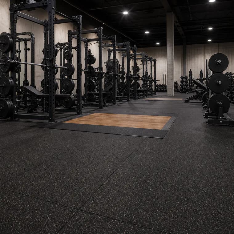 Weight room with platforms and dense rubber flooring