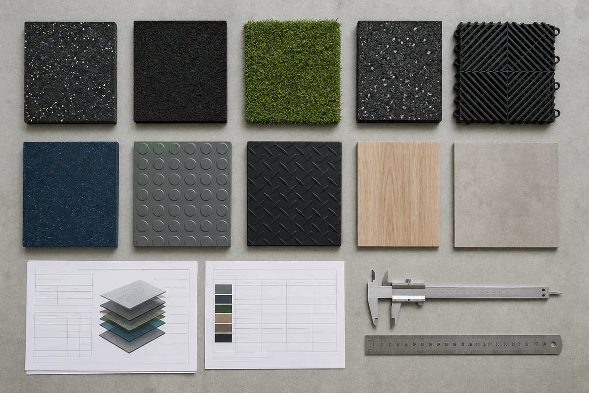 Flooring material samples arranged for technical comparison