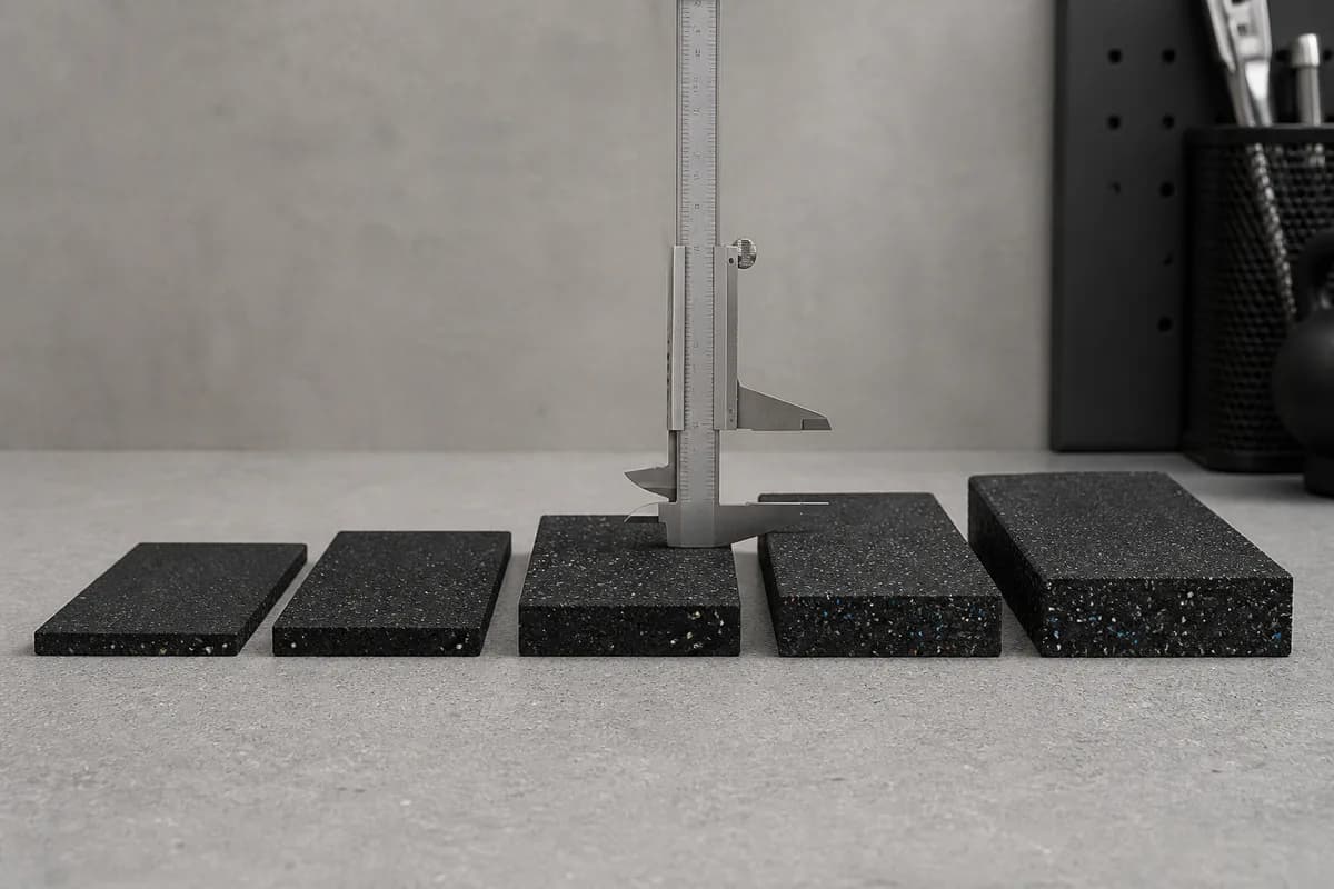 Rubber flooring samples arranged in different thicknesses