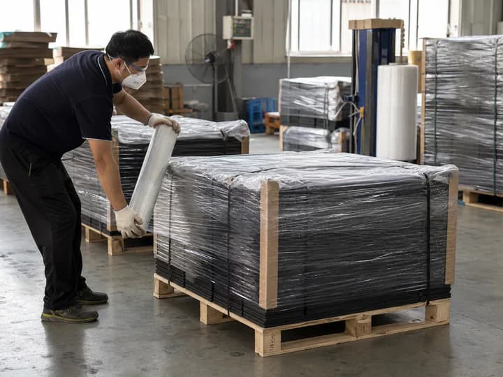 Rubber flooring secured on export pallets