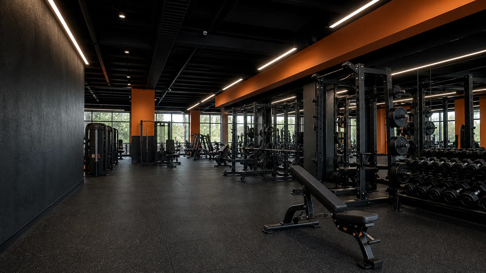 Commercial gym with professionally installed black rubber flooring