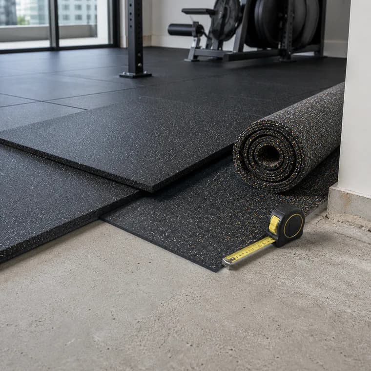 Acoustic rubber underlay beneath a finished gym floor