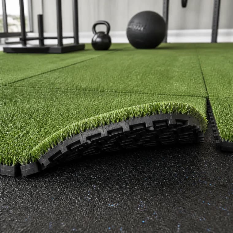 Artificial grass tile with visible molded rubber base