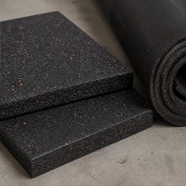 Rubber gym flooring tiles and roll showing realistic granule texture