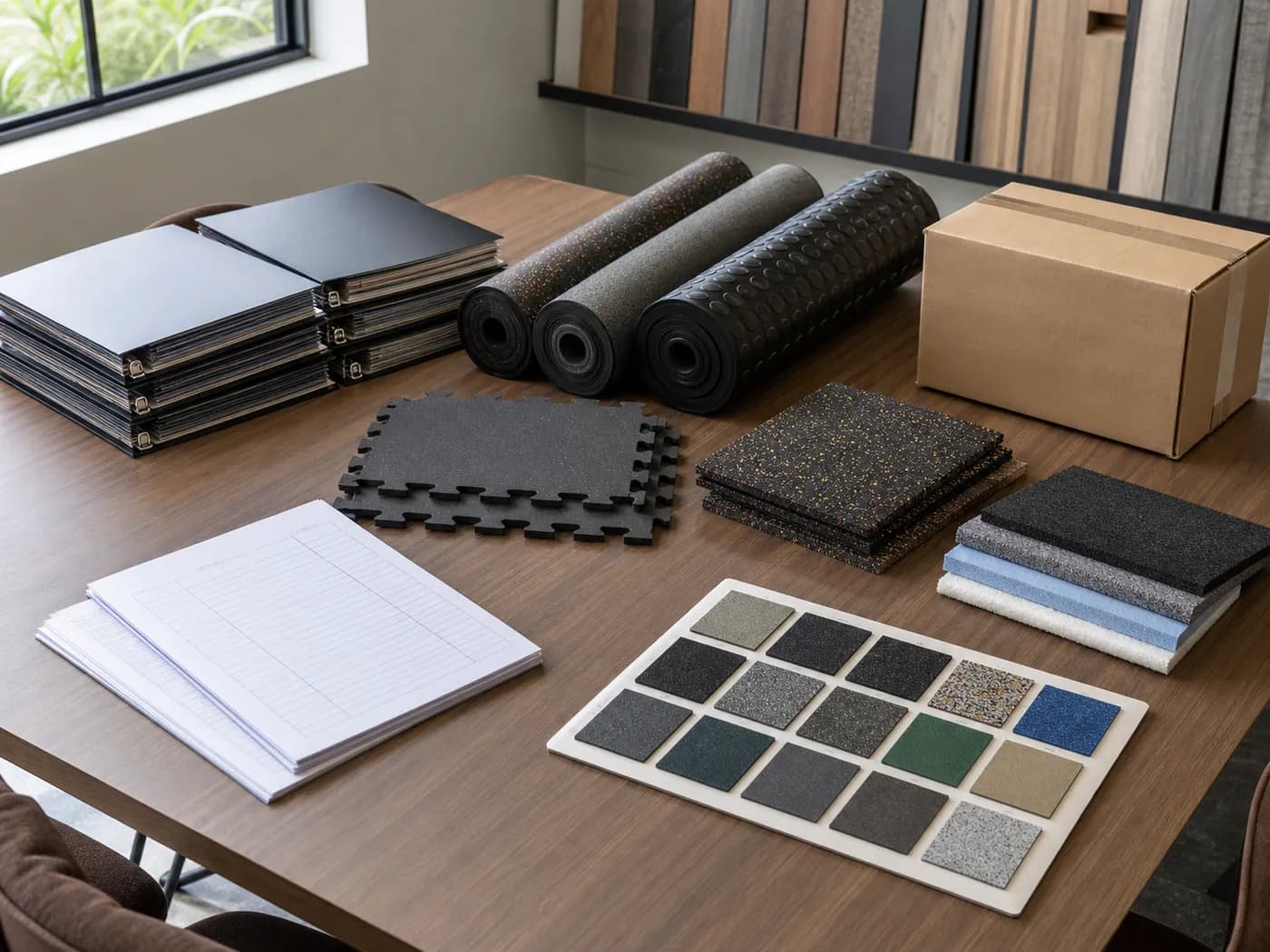 Organized gym flooring sample assortment prepared for a B2B buyer review