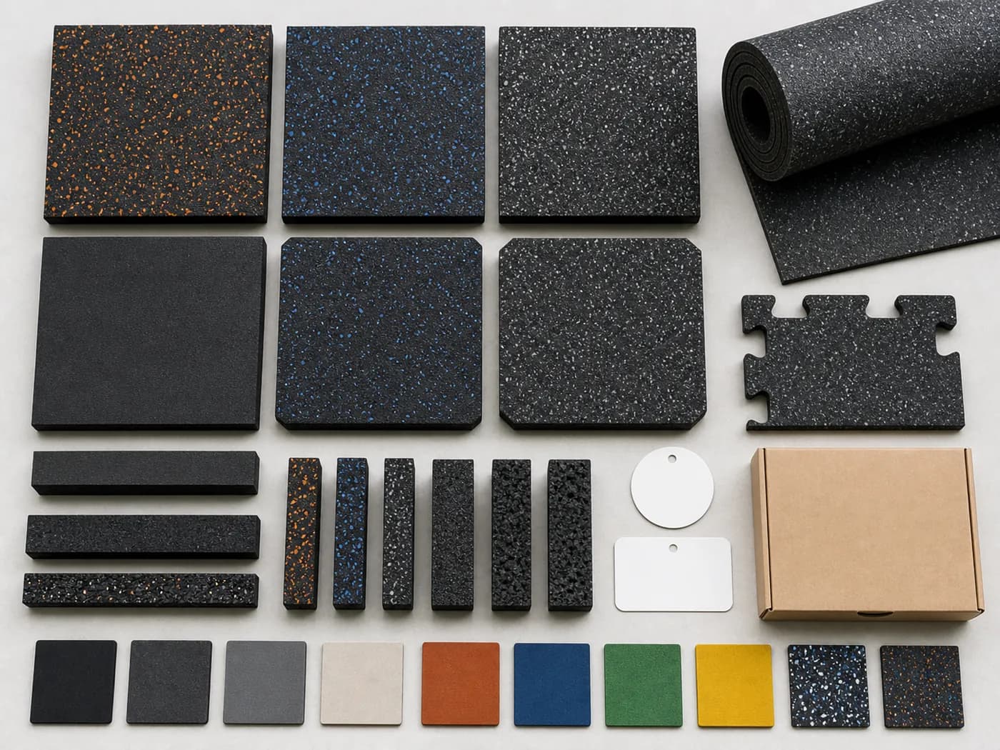 Custom rubber flooring samples showing color, flecks, thickness, edges and packaging materials