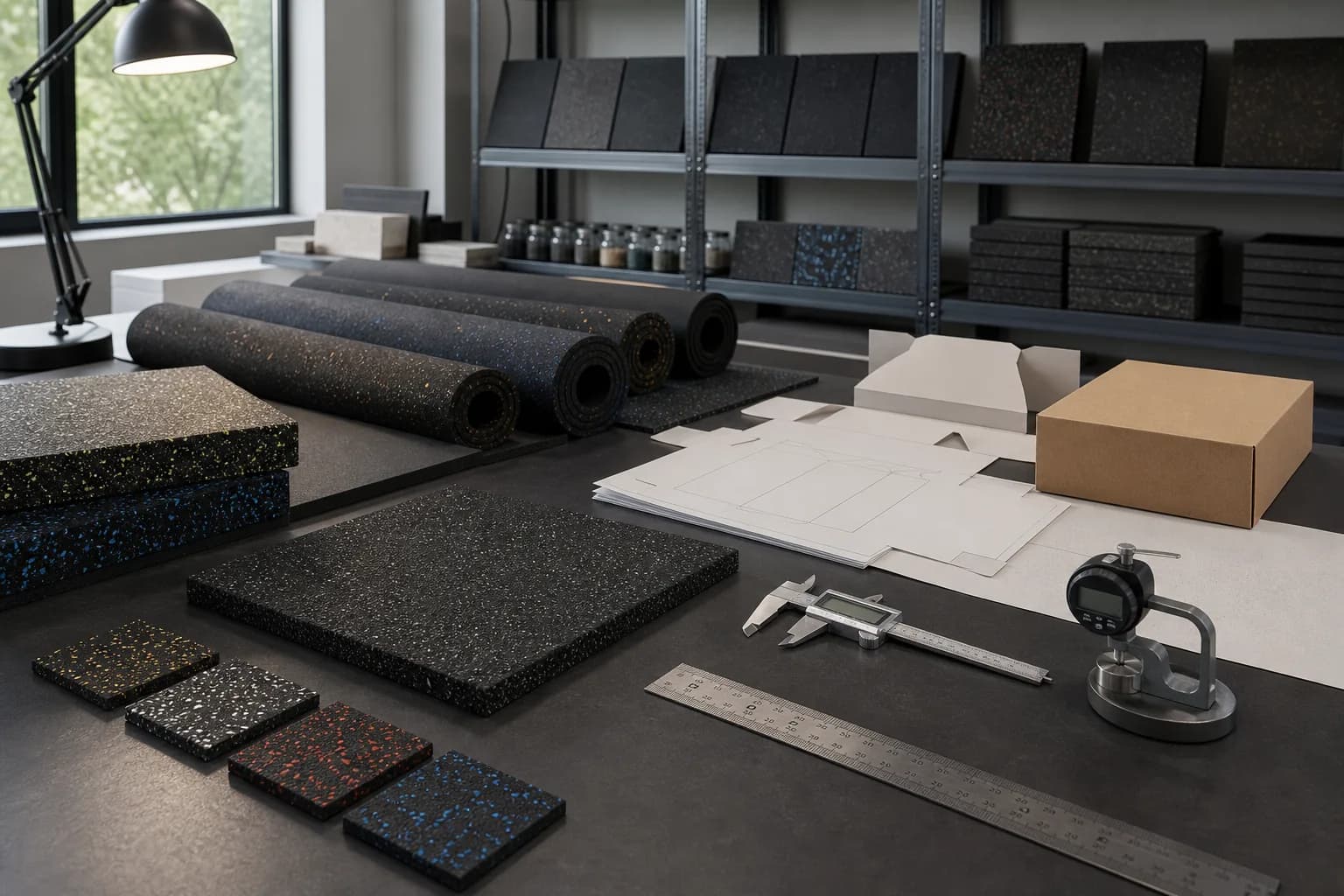 OEM gym flooring sample development workbench with rubber samples, packaging materials and measuring tools