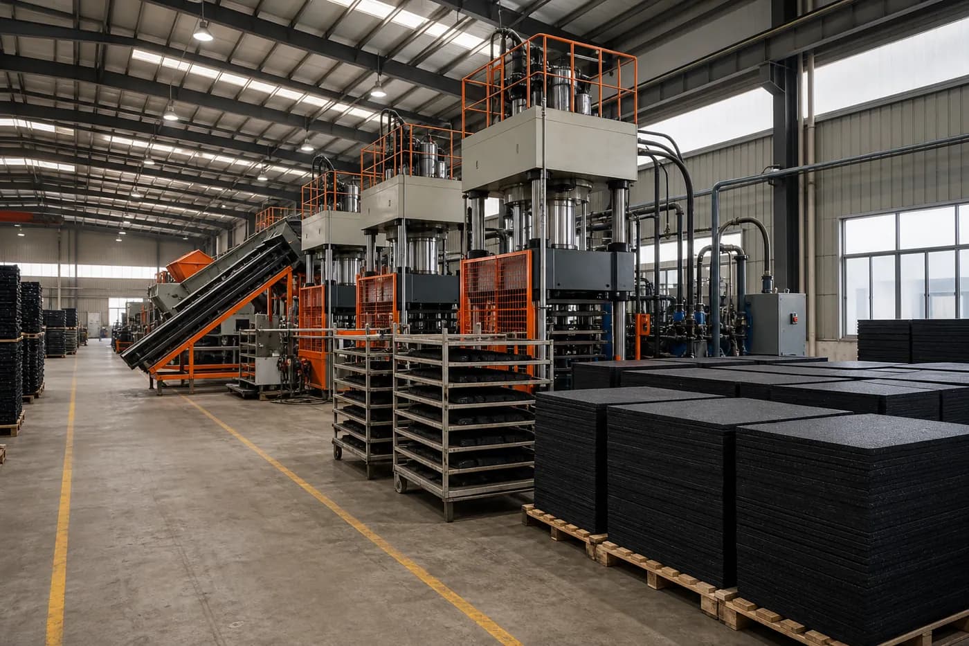 Rubber gym flooring factory production line with finished tiles on pallets