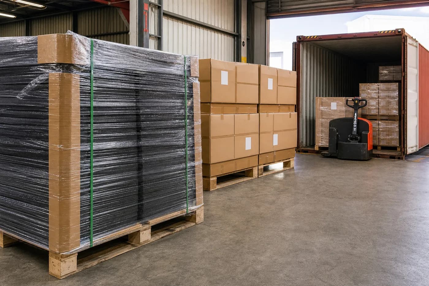 Wrapped gym flooring pallets and cartons prepared beside an export shipping container