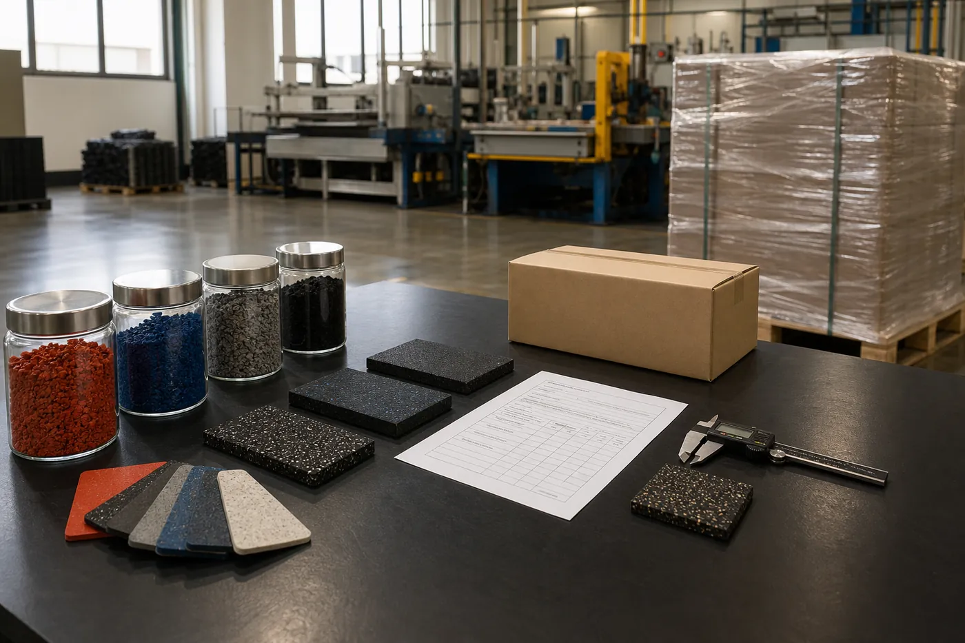 Rubber flooring OEM workflow materials from granules and samples to packed goods