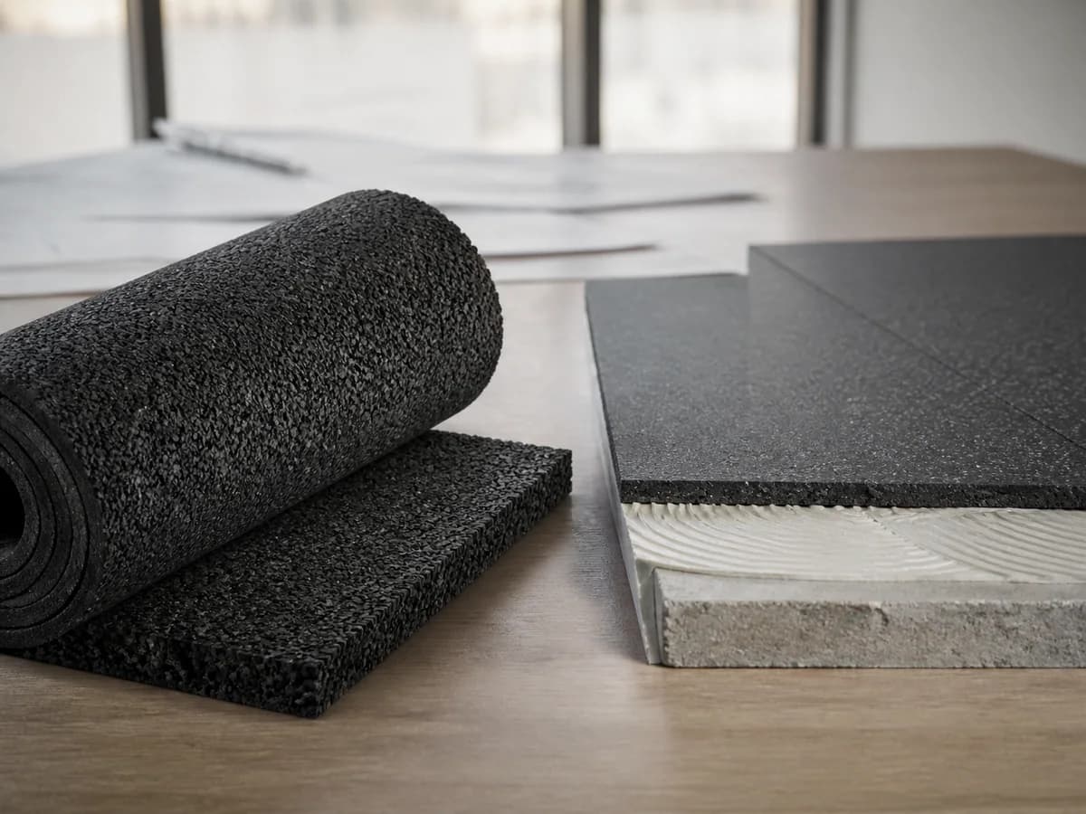 Détail de surface et de rive de sous-couche acoustique pour salle de sport