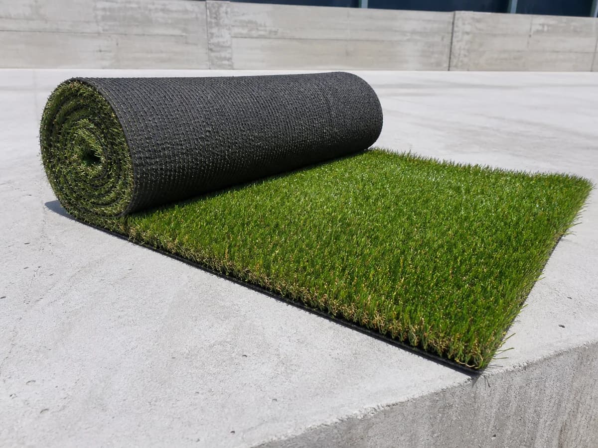 Artificial grass roll edge showing dense fibers and commercial backing