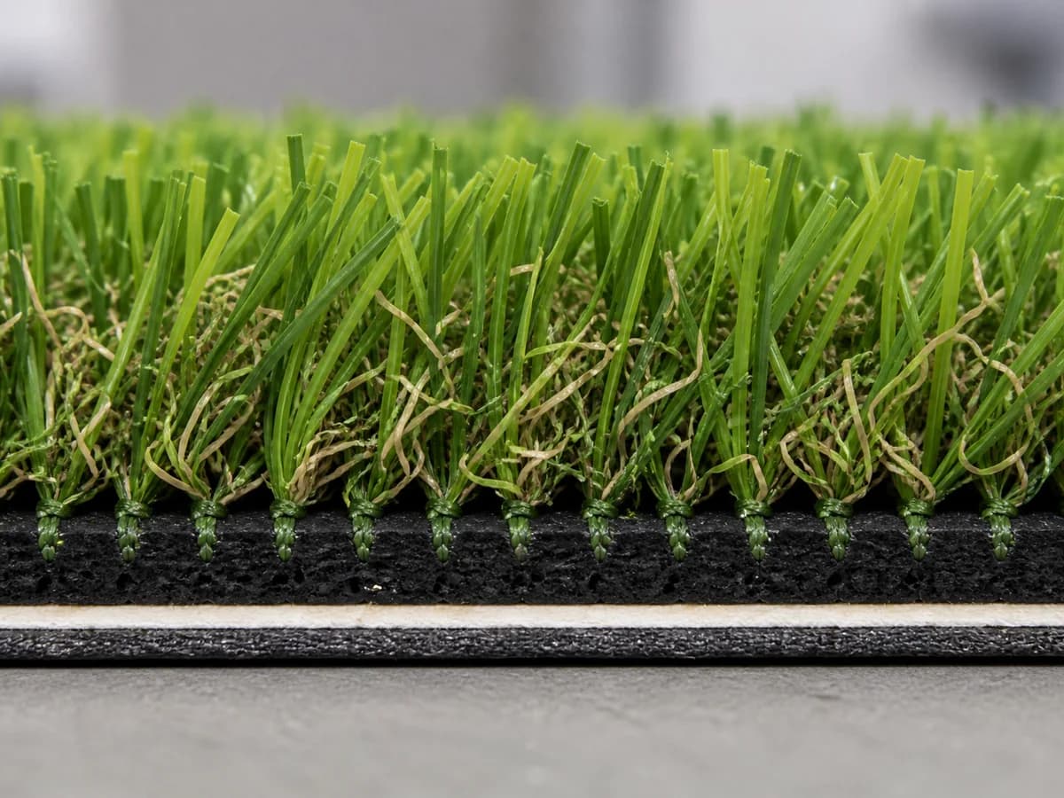 Macro view of artificial grass fibers, thatch and backing layers