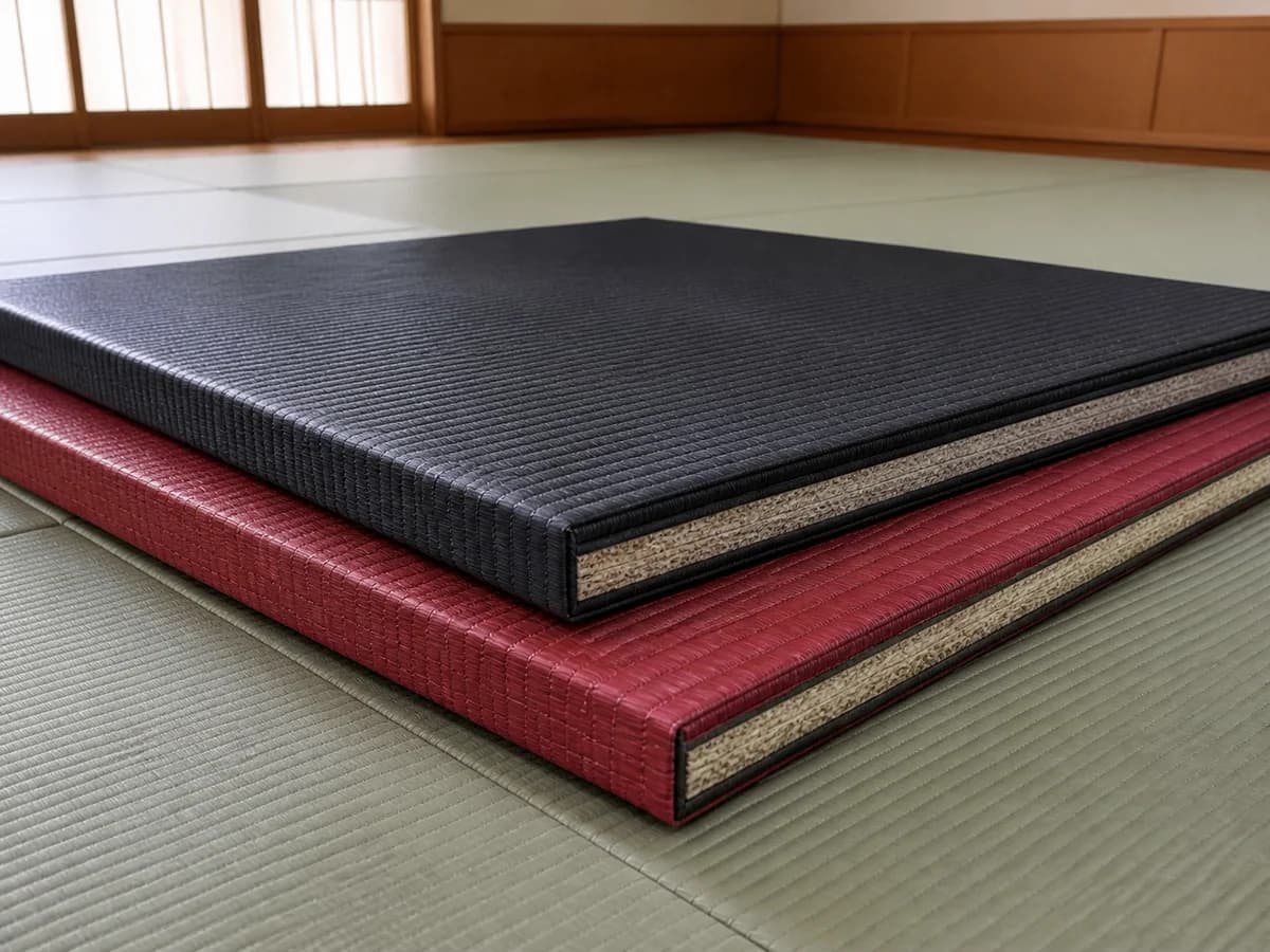 Close product view of tatami mat texture, corners and resilient core