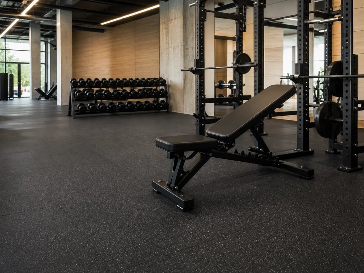Rubber gym flooring beneath commercial strength equipment