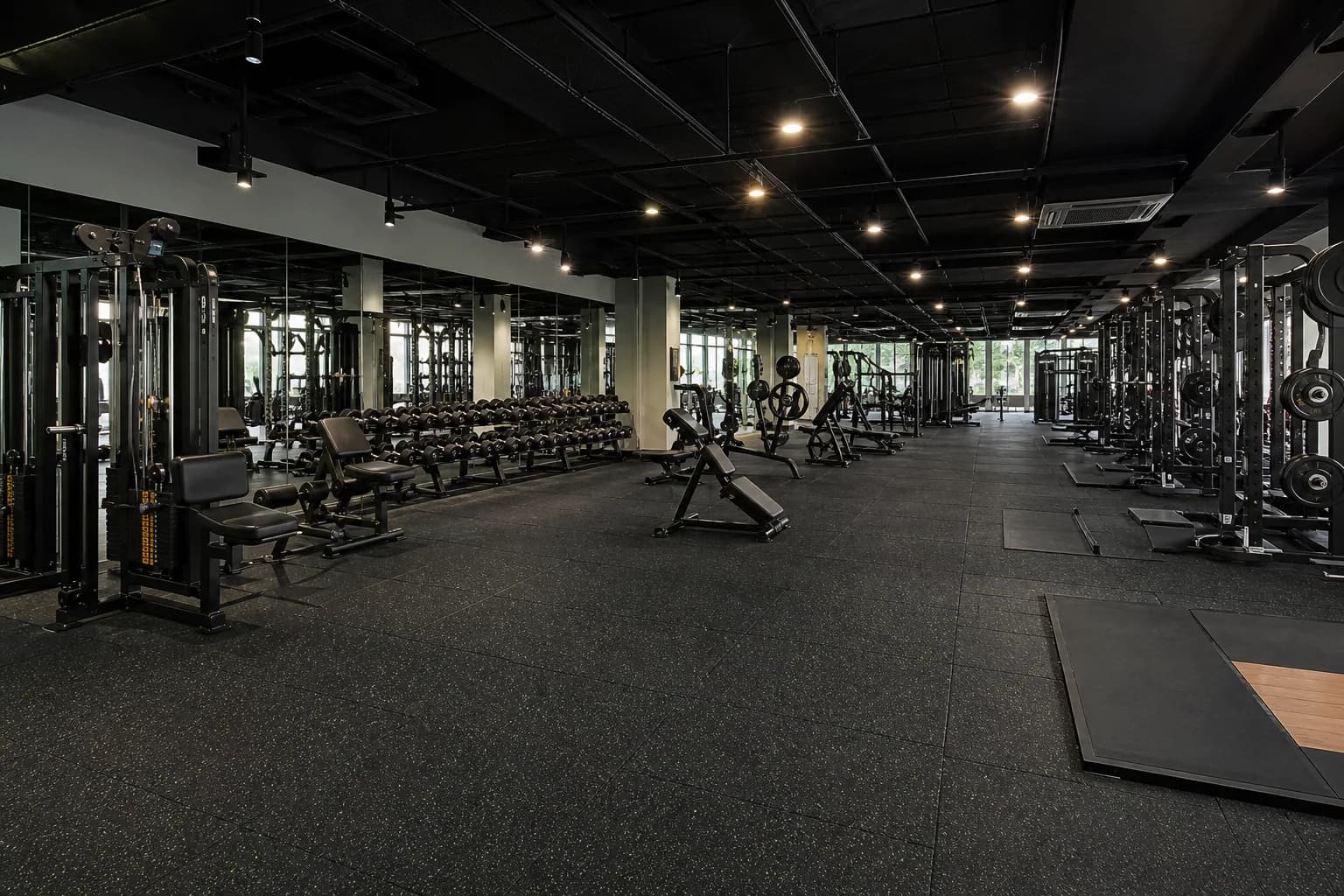 Mid-size neighborhood commercial gym: completed facility and full flooring concept using commercial interlocking rubber tiles with local heavier protection