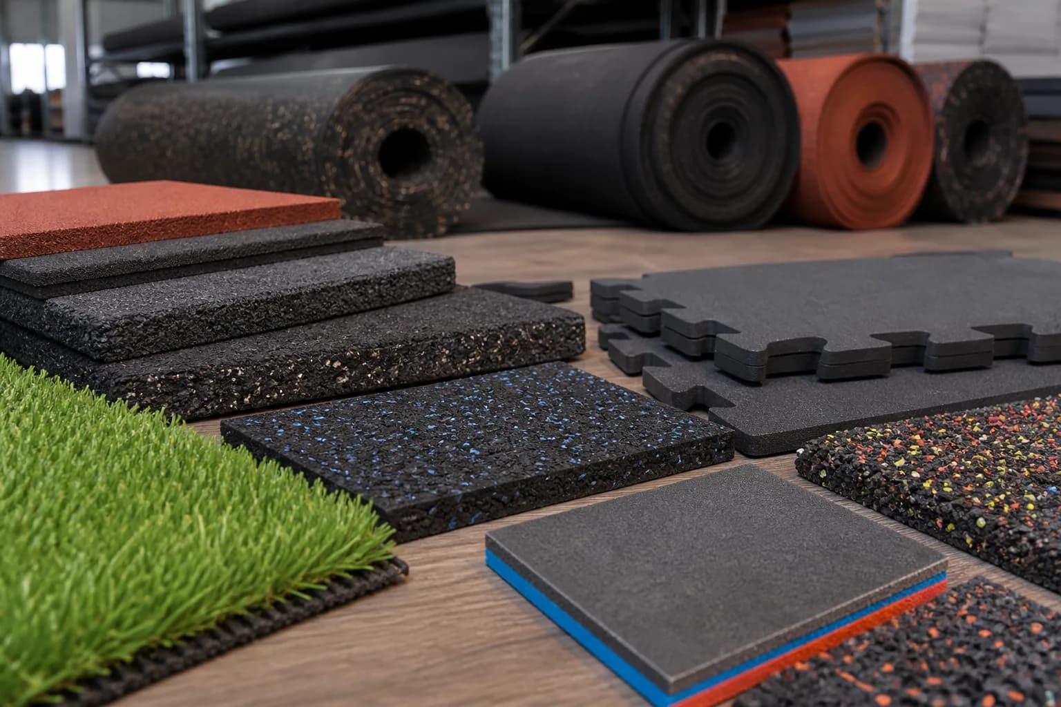 Regional flooring warehouse, showroom and stock program: material texture, scale and seam detail using rationalized range of rolls, tiles, mats and turf with controlled samples