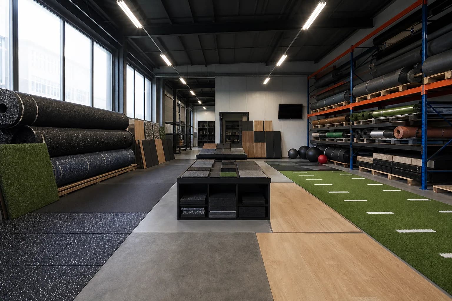 Regional flooring warehouse, showroom and stock program: completed facility and full flooring concept using rationalized range of rolls, tiles, mats and turf with controlled samples