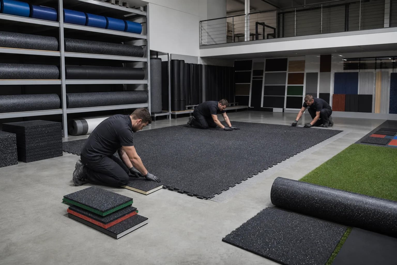 Regional flooring warehouse, showroom and stock program: subfloor, set-out and installation control using rationalized range of rolls, tiles, mats and turf with controlled samples