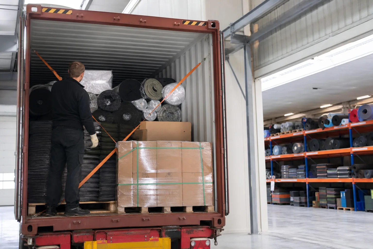 Regional flooring warehouse, showroom and stock program: product, packing or project material coordination using rationalized range of rolls, tiles, mats and turf with controlled samples