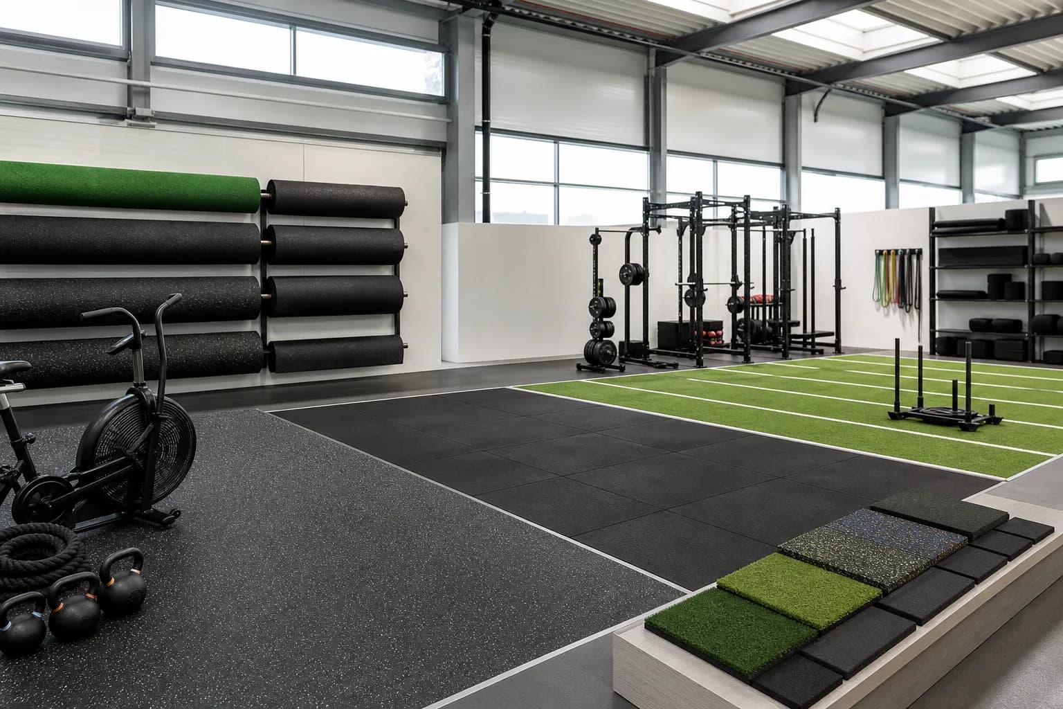 Regional flooring warehouse, showroom and stock program: primary training zone and equipment interface using rationalized range of rolls, tiles, mats and turf with controlled samples