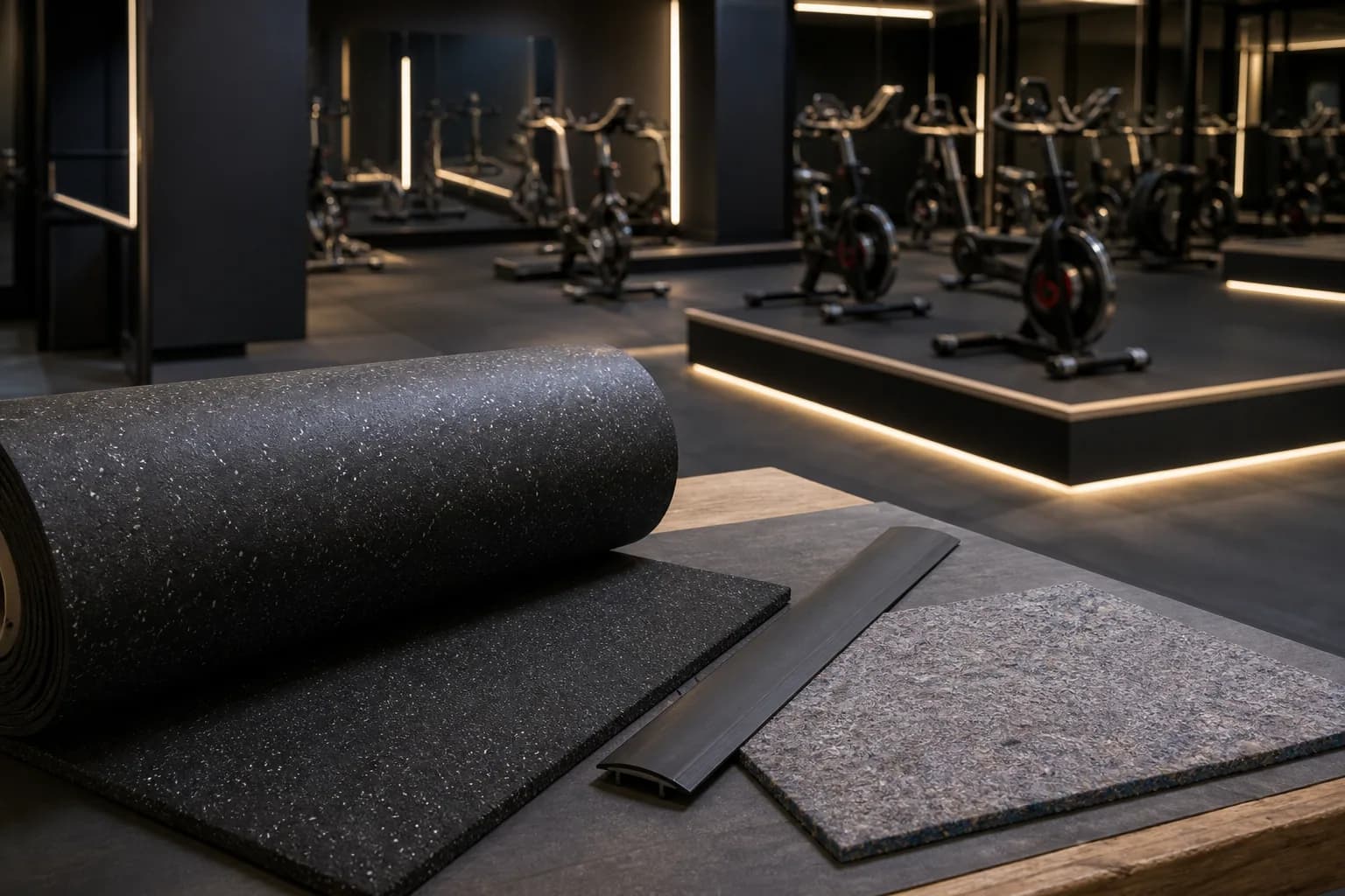 Indoor cycling studio: product, packing or project material coordination using dense bonded rubber roll with platform and threshold details