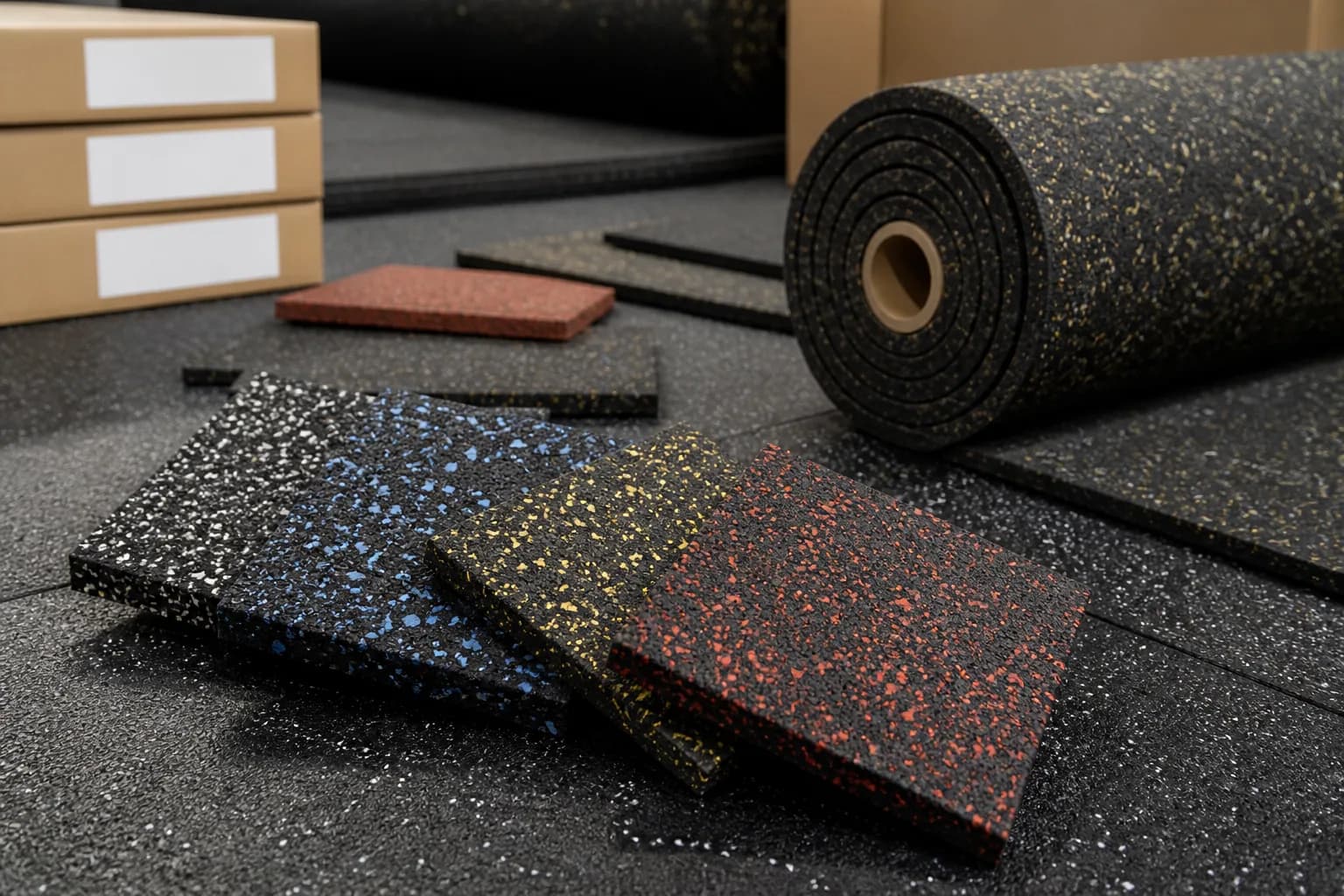 Large cardio and group-fitness center: material texture, scale and seam detail using bonded commercial rubber rolls with heavier local impact inserts