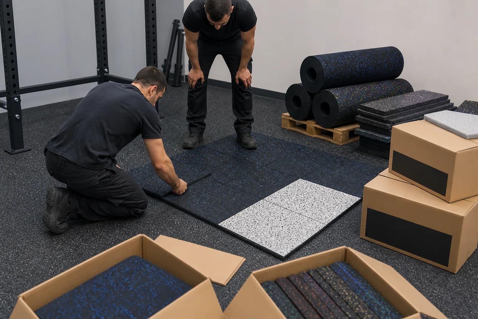 Large cardio and group-fitness center: product, packing or project material coordination using bonded commercial rubber rolls with heavier local impact inserts