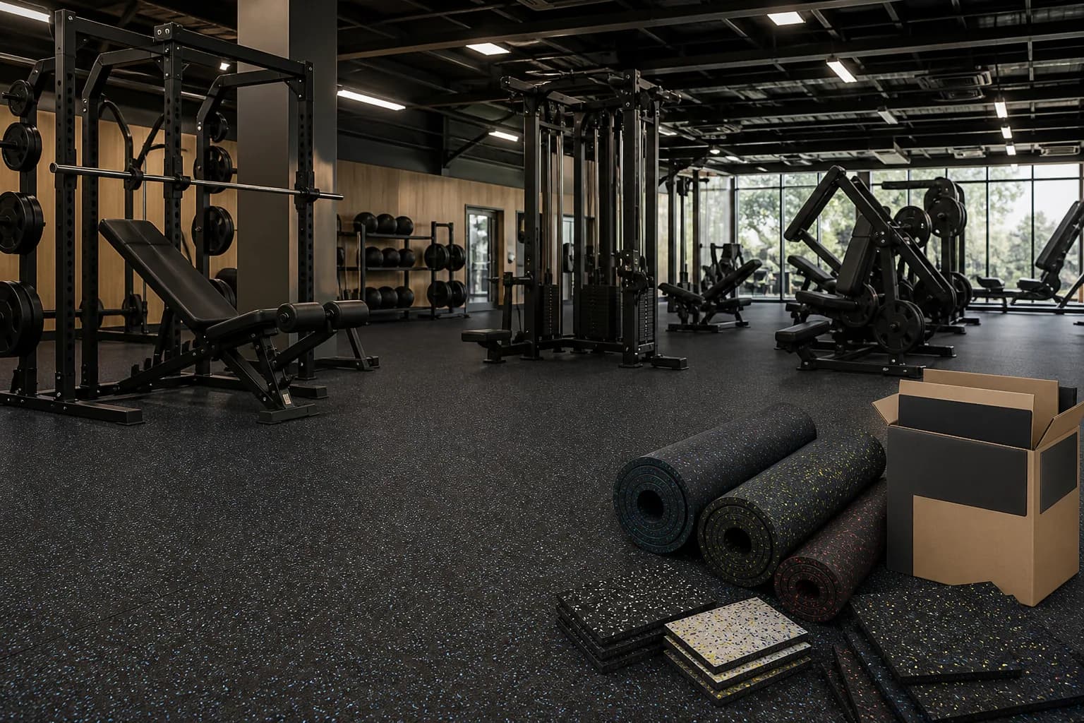 Large cardio and group-fitness center: overall floor zoning and circulation using bonded commercial rubber rolls with heavier local impact inserts