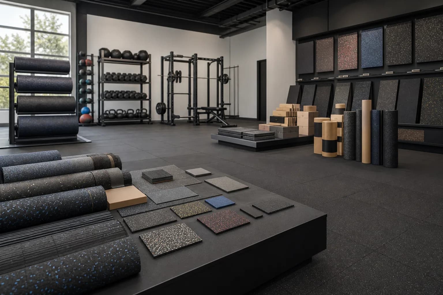 Large cardio and group-fitness center: primary training zone and equipment interface using bonded commercial rubber rolls with heavier local impact inserts