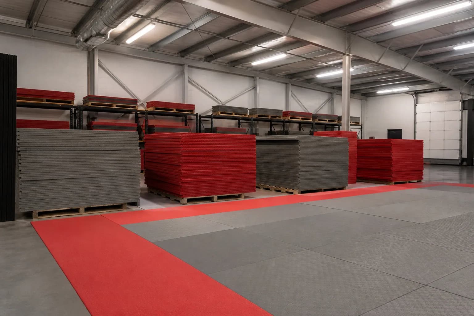 Judo and multi-discipline martial arts academy: product, packing or project material coordination using textured interlocking tatami mat field with controlled perimeter restraint