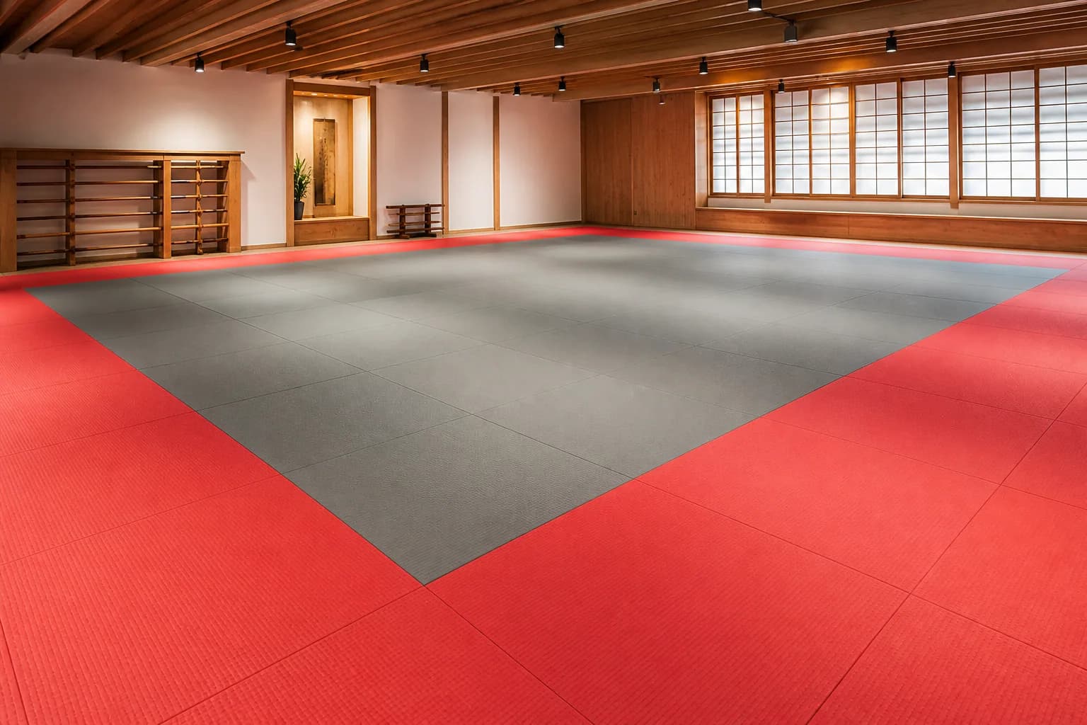Judo and multi-discipline martial arts academy: primary training zone and equipment interface using textured interlocking tatami mat field with controlled perimeter restraint