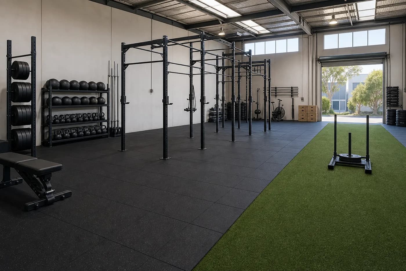 Functional training facility with impact rubber flooring and a separate sled turf lane