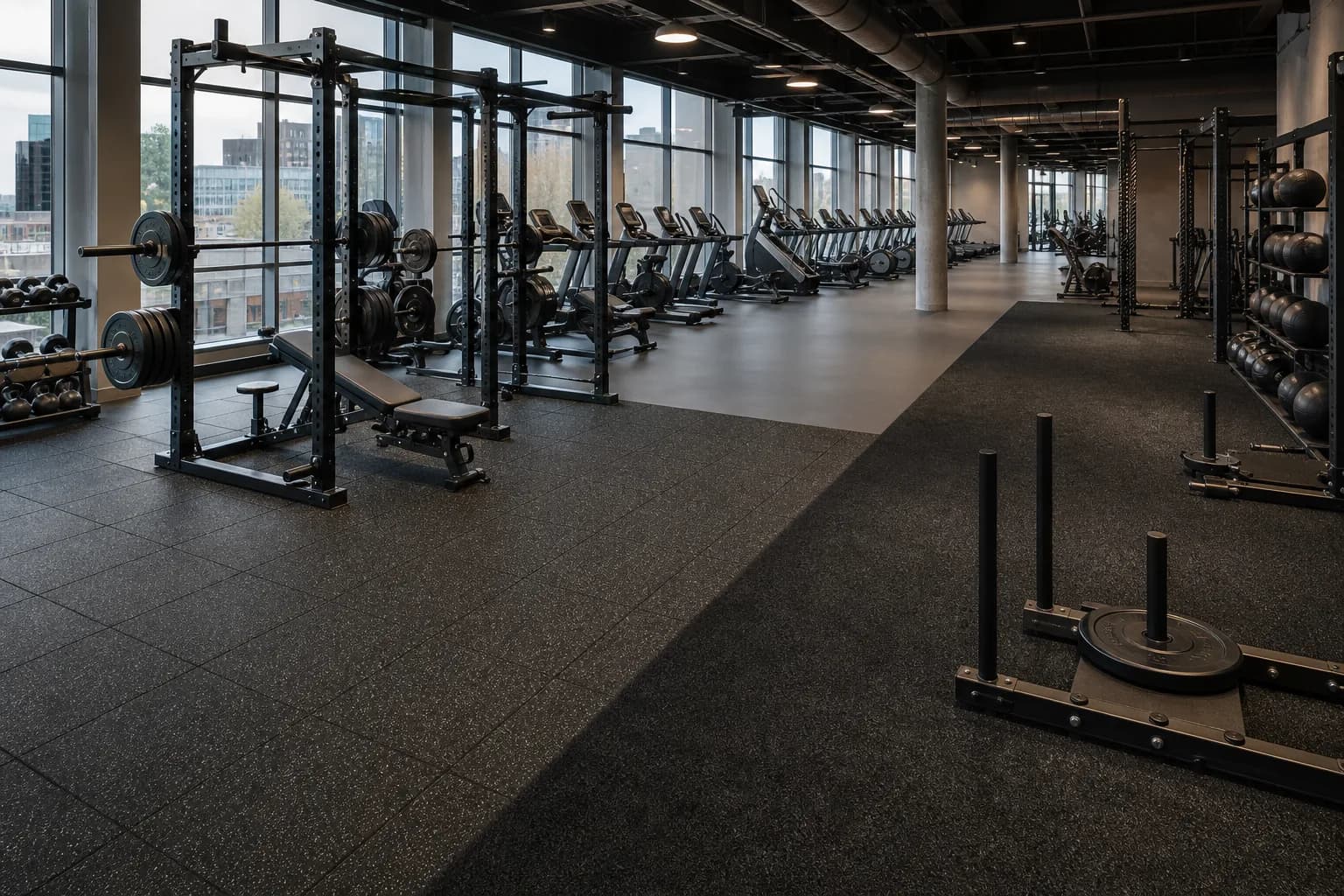 Commercial fitness facility with rubber tile, roll and functional training flooring zones