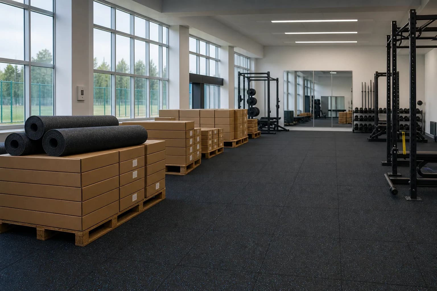 Secondary-school fitness and physical education room: product, packing or project material coordination using durable rubber tile and roll system with supervised activity zones
