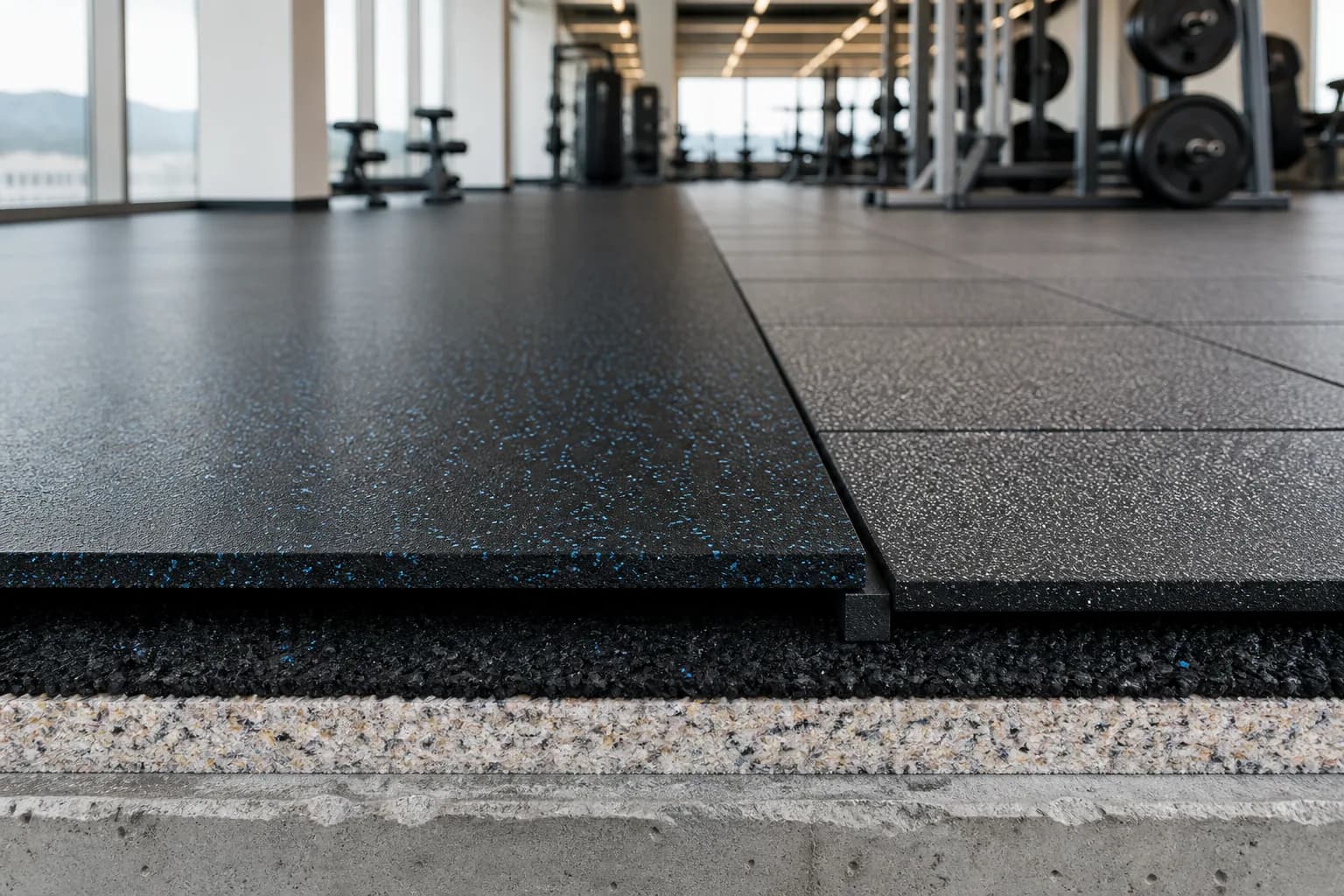Upper-floor corporate gym above offices: material texture, scale and seam detail using source-zoned rubber surfaces and resilient underlay assemblies