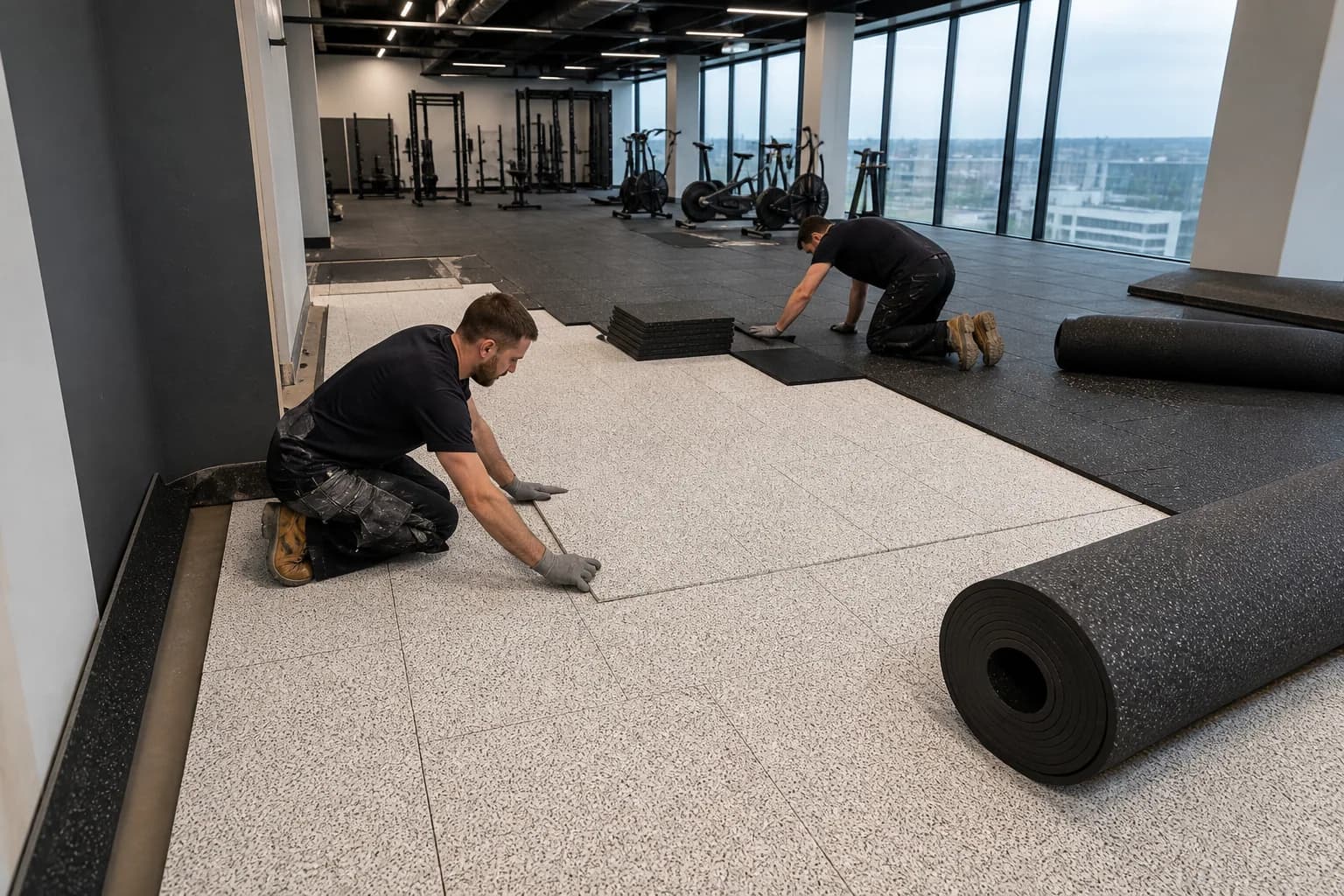 Upper-floor corporate gym above offices: subfloor, set-out and installation control using source-zoned rubber surfaces and resilient underlay assemblies