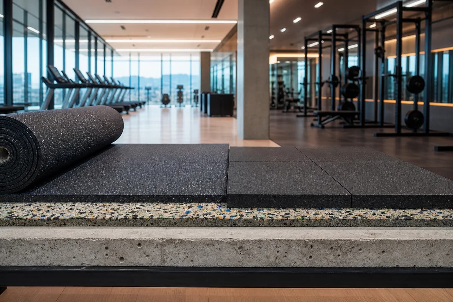 Upper-floor corporate gym above offices: product, packing or project material coordination using source-zoned rubber surfaces and resilient underlay assemblies