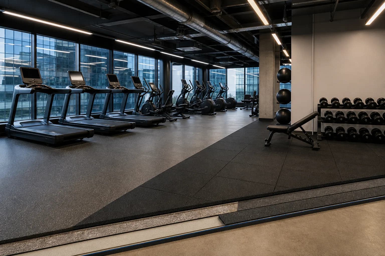 Upper-floor corporate gym above offices: primary training zone and equipment interface using source-zoned rubber surfaces and resilient underlay assemblies
