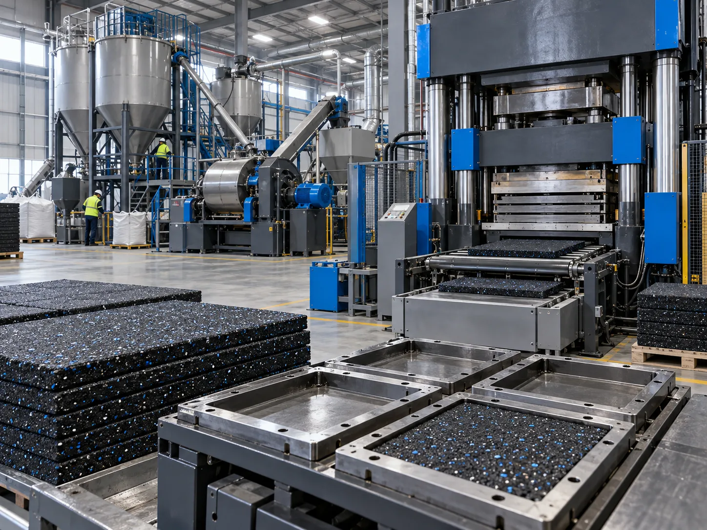 Rubber granule mixing and hydraulic hot press line