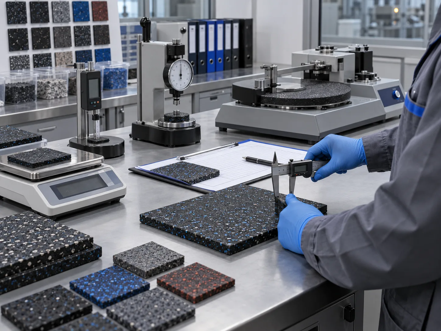 Gym flooring quality control laboratory and sample inspection
