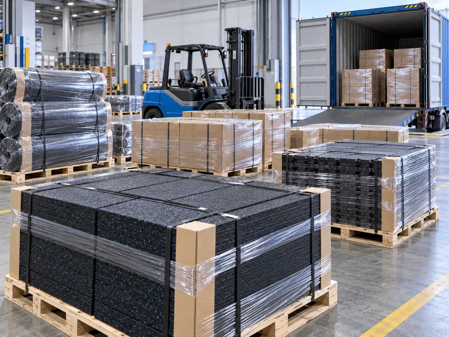 Palletized gym flooring prepared for wholesale export