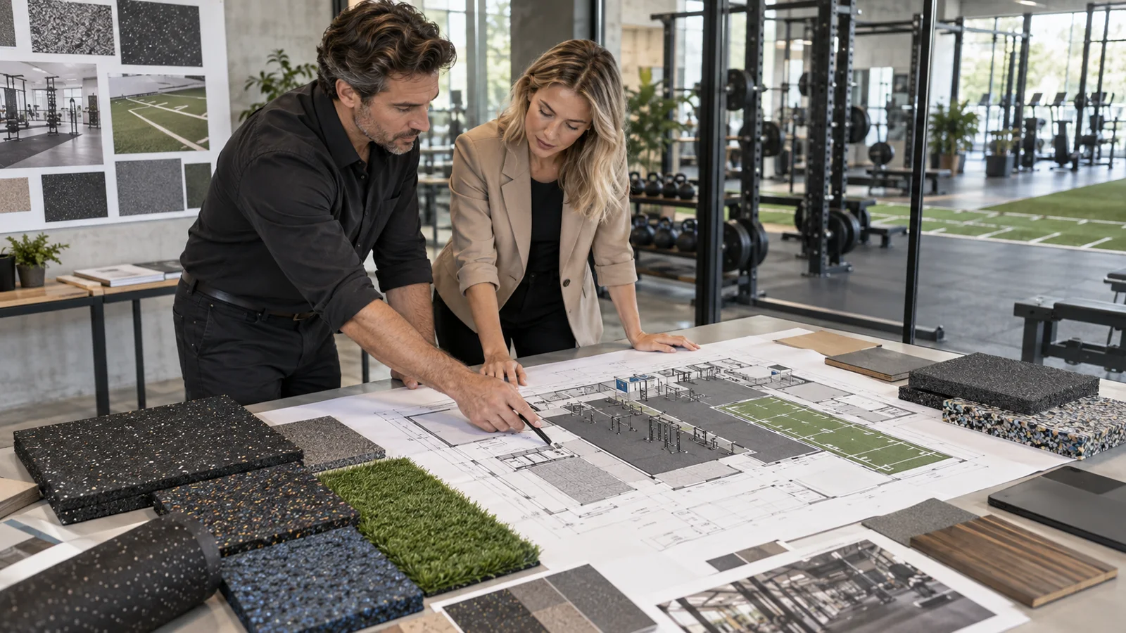 Gym flooring resource center with floor plans and rubber material samples