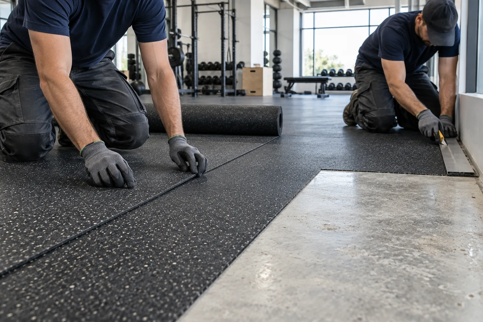 Professional installation of rubber flooring rolls in a commercial gym